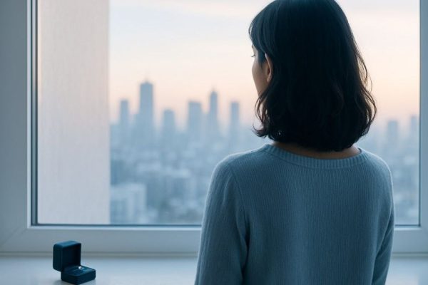 خانم مطلقه یا بیوه در حال تماشای بیرون از پنجره بزرگ، نماد شروع دوباره