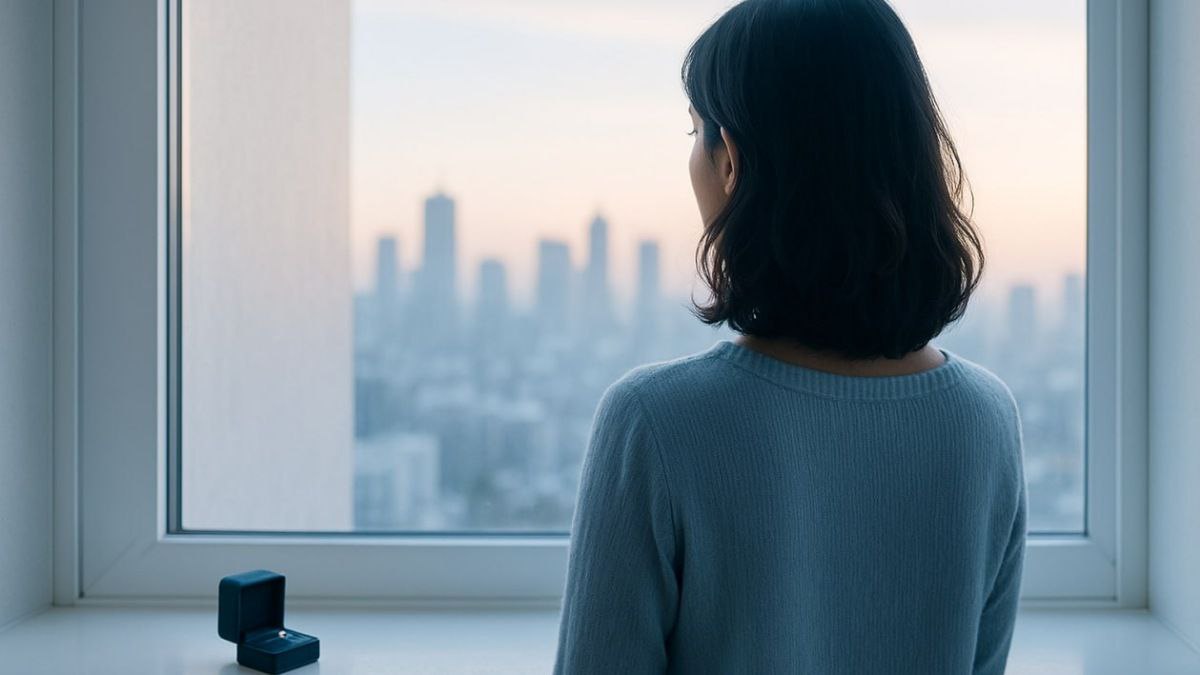 خانم مطلقه یا بیوه در حال تماشای بیرون از پنجره بزرگ، نماد شروع دوباره