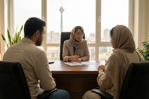 گفت‌وگوی محترمانه زن و مرد با مشاور ازدواج در فضای امن و خانوادگی در تهران، نماد همسان‌گزینی شرعی و ازدواج موقت آگاهانه