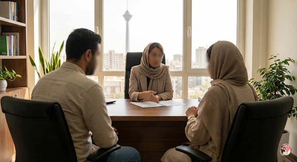 گفتوگوی محترمانه زن و مرد با مشاور ازدواج در فضای امن و خانوادگی در تهران، نماد همسانگزینی شرعی و ازدواج موقت آگاهانه